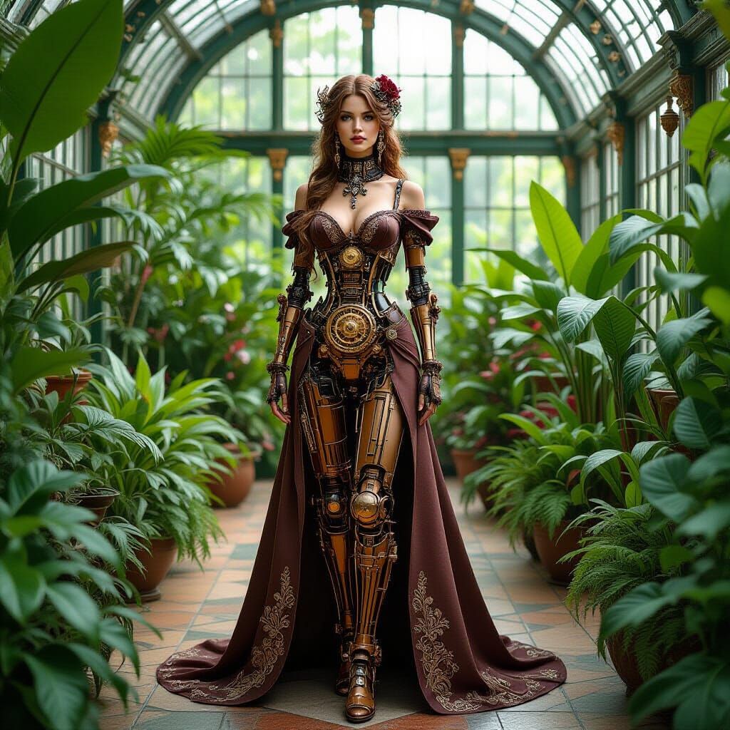 Steampunk Dryad Automaton in Victorian Greenhouse