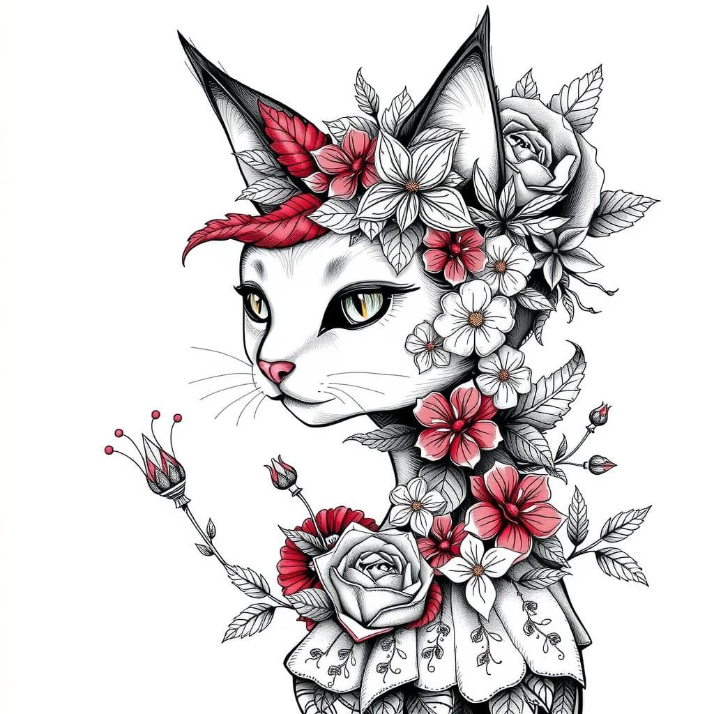 Gorgeous Floral Cat-Girl Hybrid Portrait