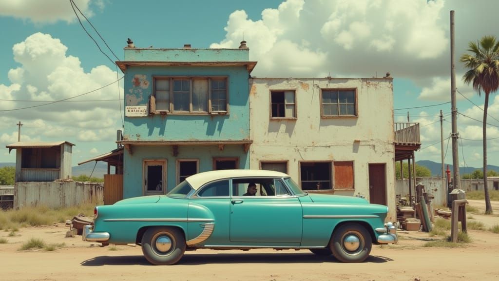 Grey Skinned Figure in White Jumpsuit Beside Turquoise Car i...
