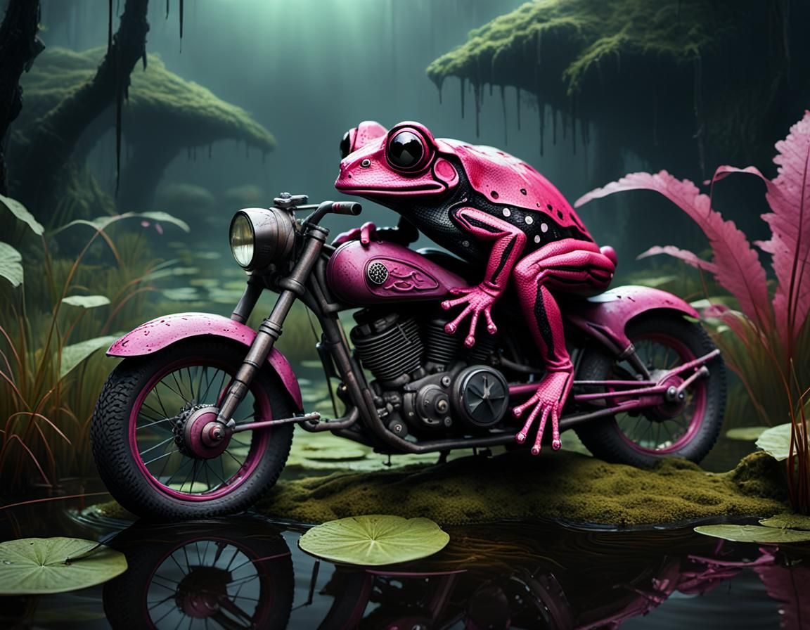 Hyperrealistic Motorbike Frog in Apocalyptic Swamp