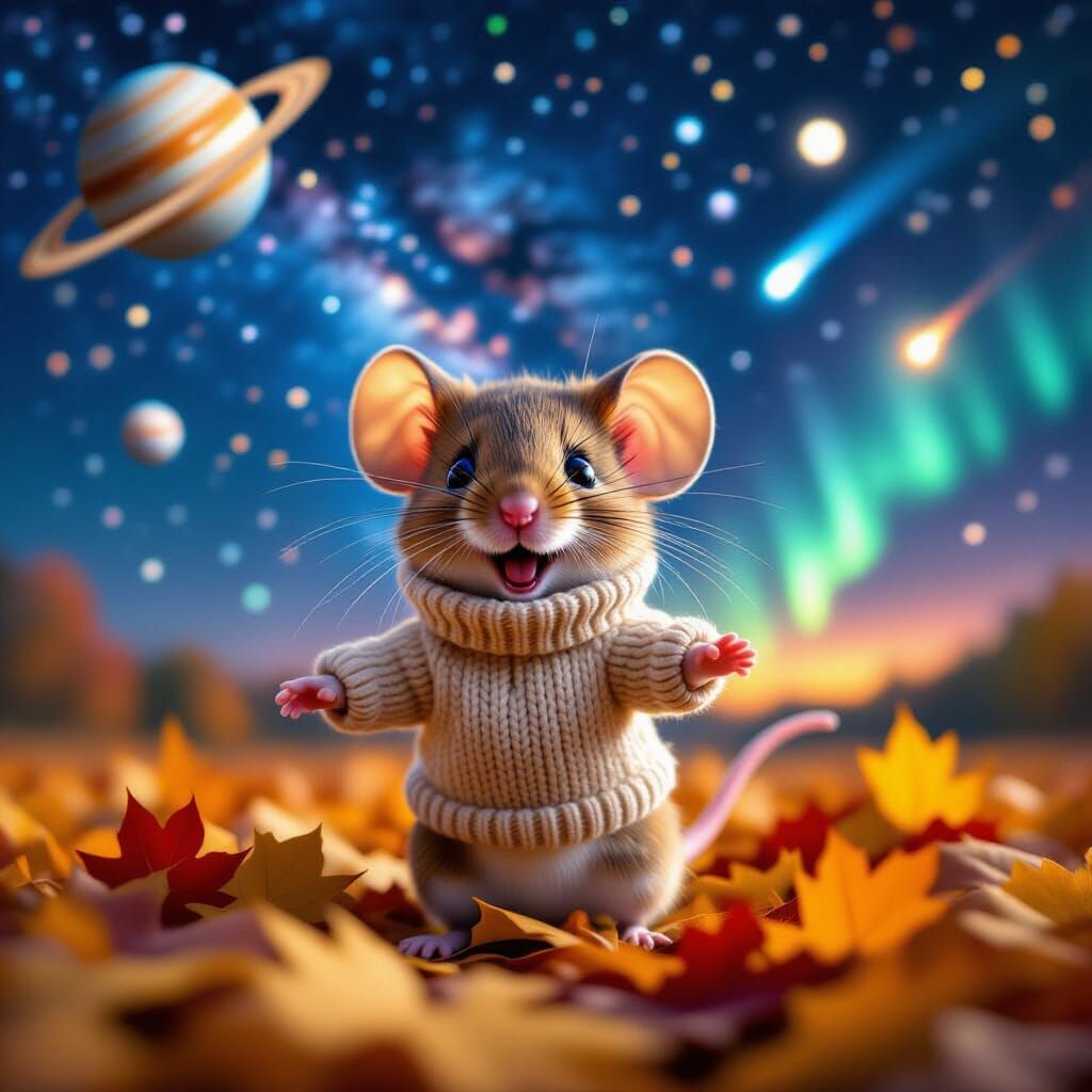 Chibi Mouse in Autumn Leaves Under Starry Sky