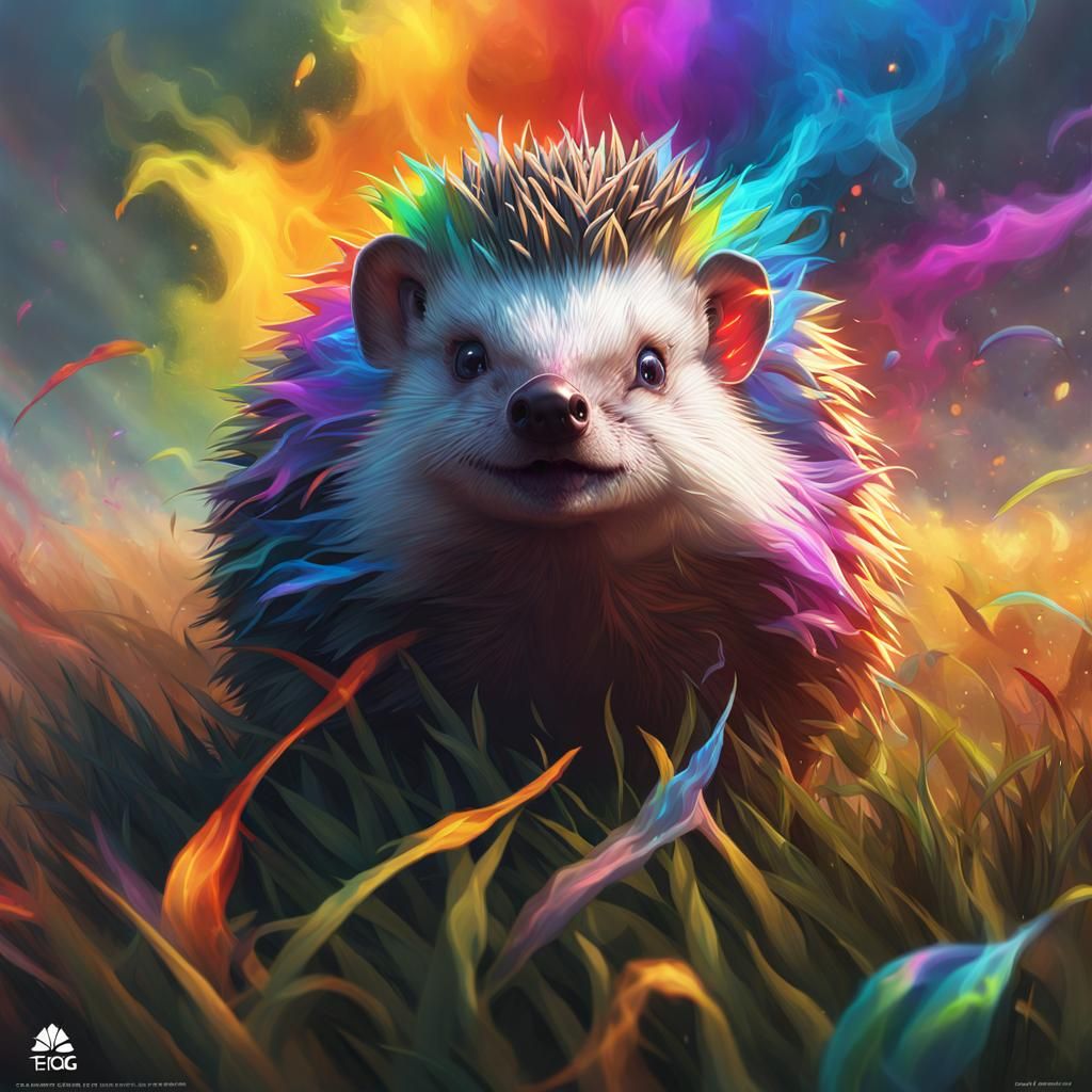 Hedgehog in Field with Rainbow Smoke: Detailed Portrait