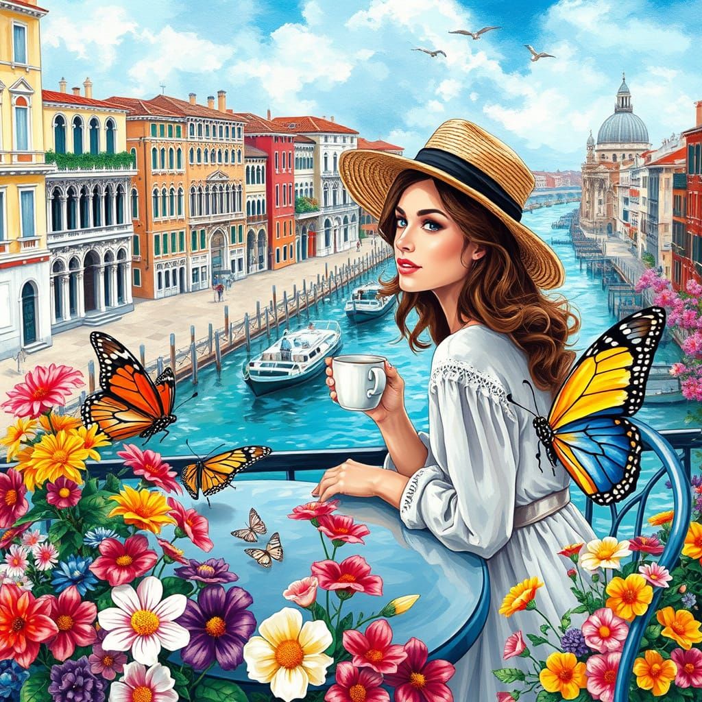 Impasto Painting of a Woman in a Colorful Garden Oasis