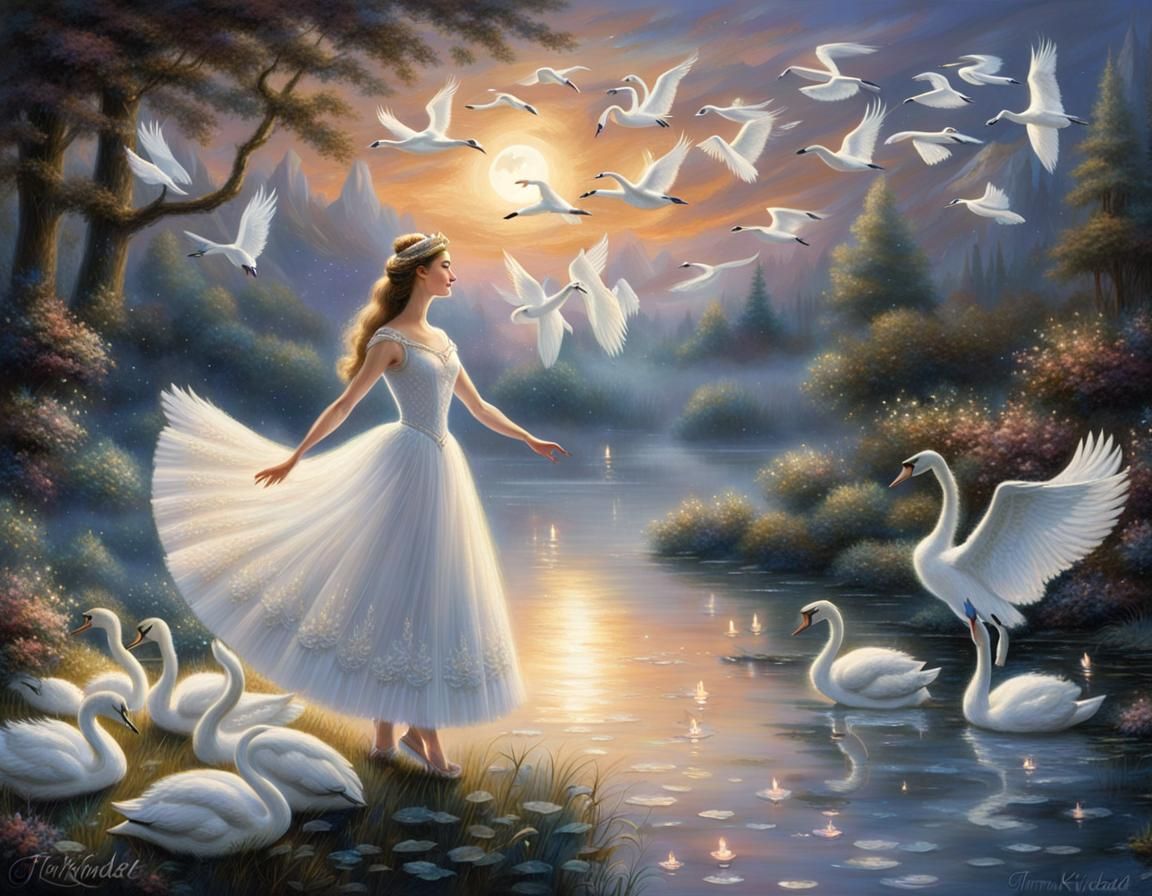 Princess Odette Dances with Swans on Moonlit Lake