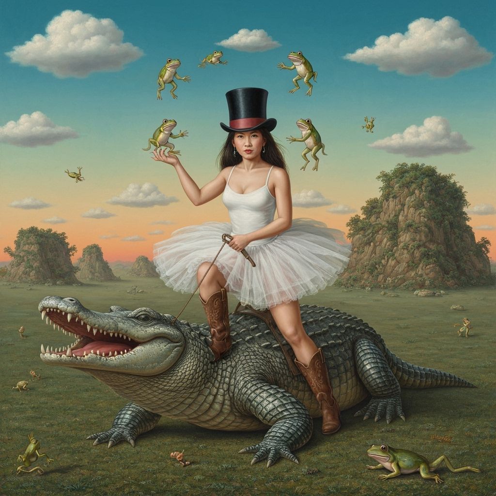Surreal Oil Painting of Woman Riding Alligator