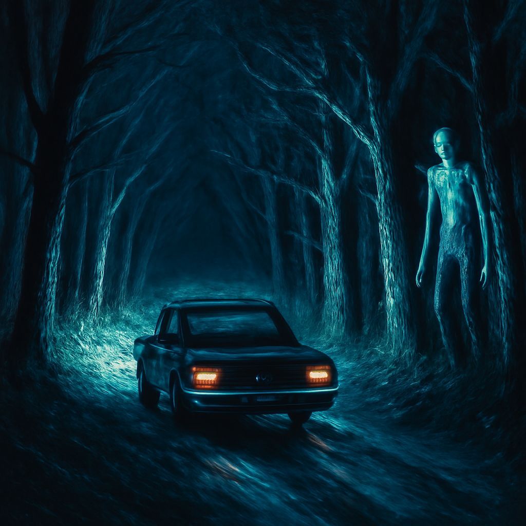 Eerie Forest Road at Night: Oil Painting