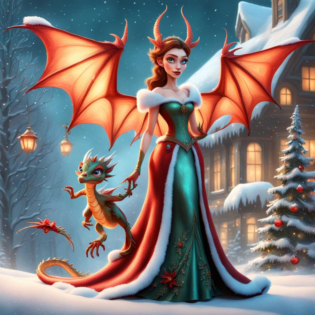 Full body image of a Disney Pixar style 3D strikingly beautiful Christmas woman fairy, with her baby dragon, in a beauti...
