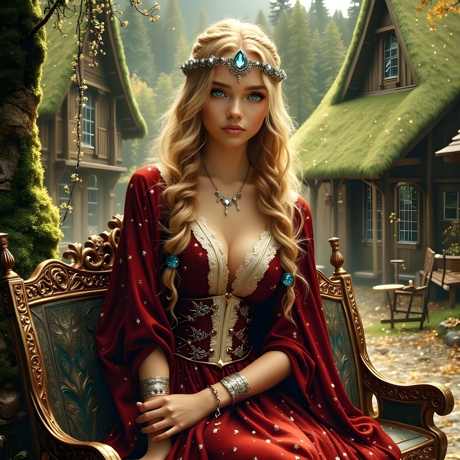 Norse Goddess Sits on Ornate Village Bench