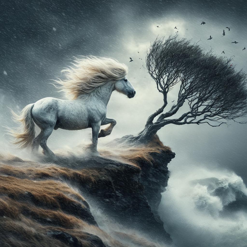 Wild Icelandic Horse in Storm, Romantic Style
