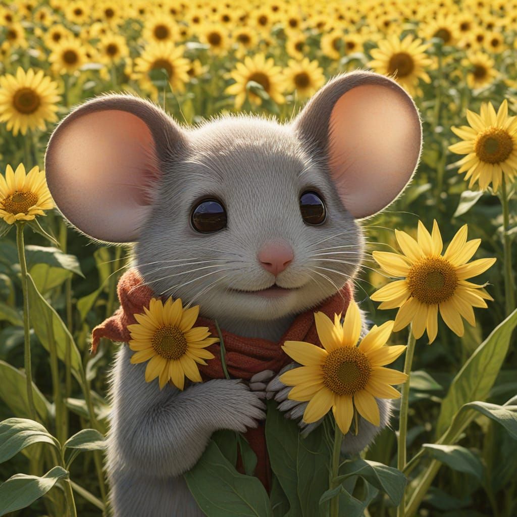 Mouse in Sunflower Field: Anime-Style Art