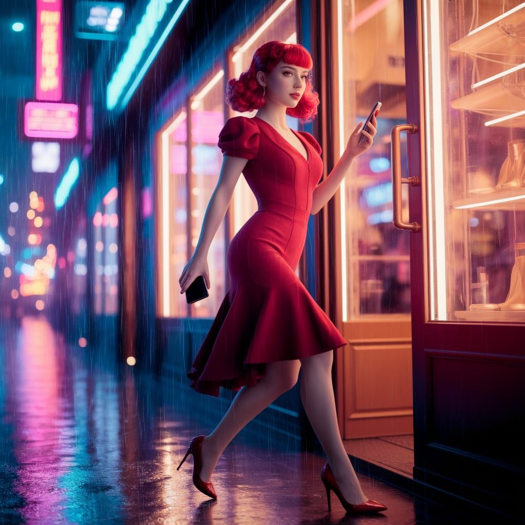 Cyberpunk Woman in Rain-Slicked Cityscape