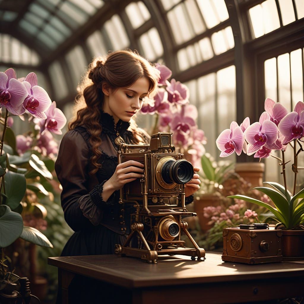 Steampunk Photographer in Victorian Greenhouse, Vintage Styl...