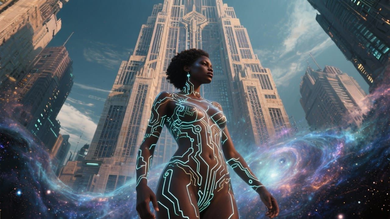 Ethereal Woman With Circuitry Before Art Deco Skyscraper