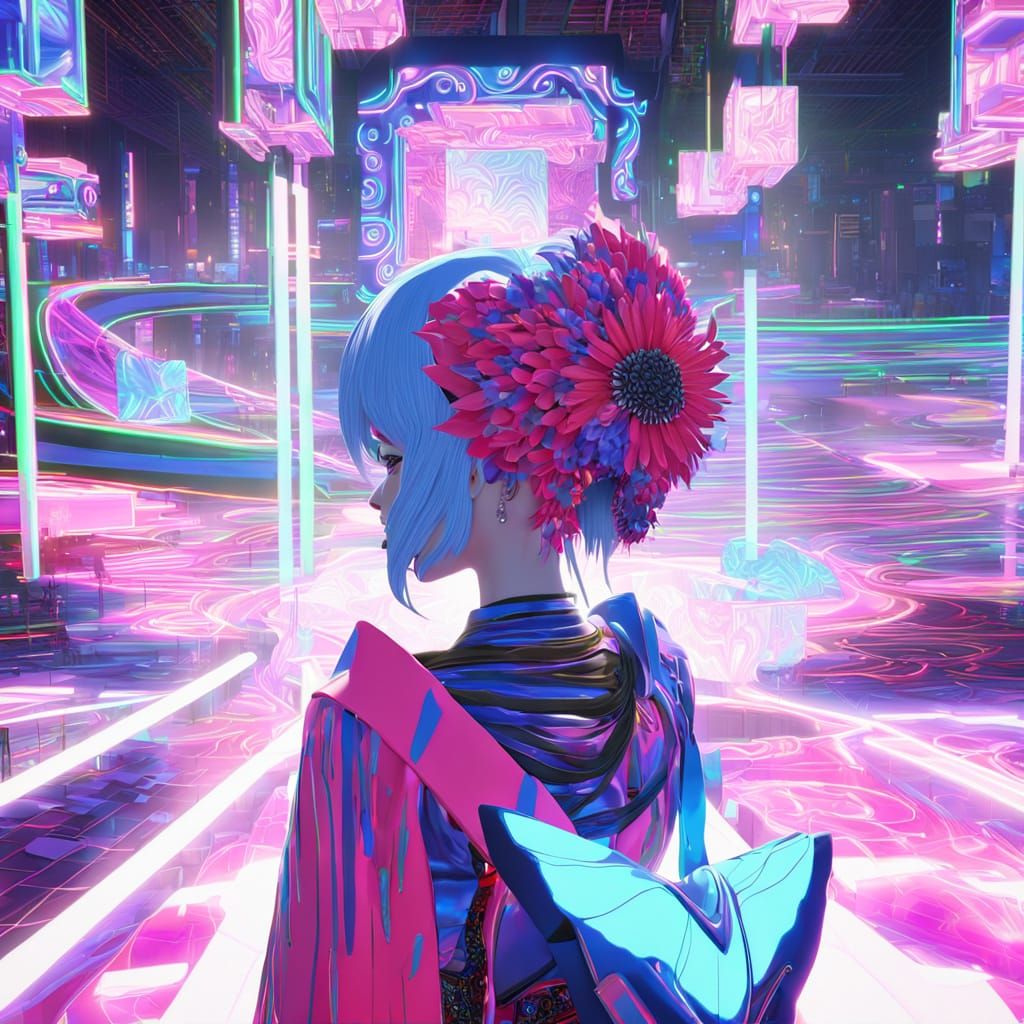 Anime Goddess Amidst Neon Nightclub Chaos