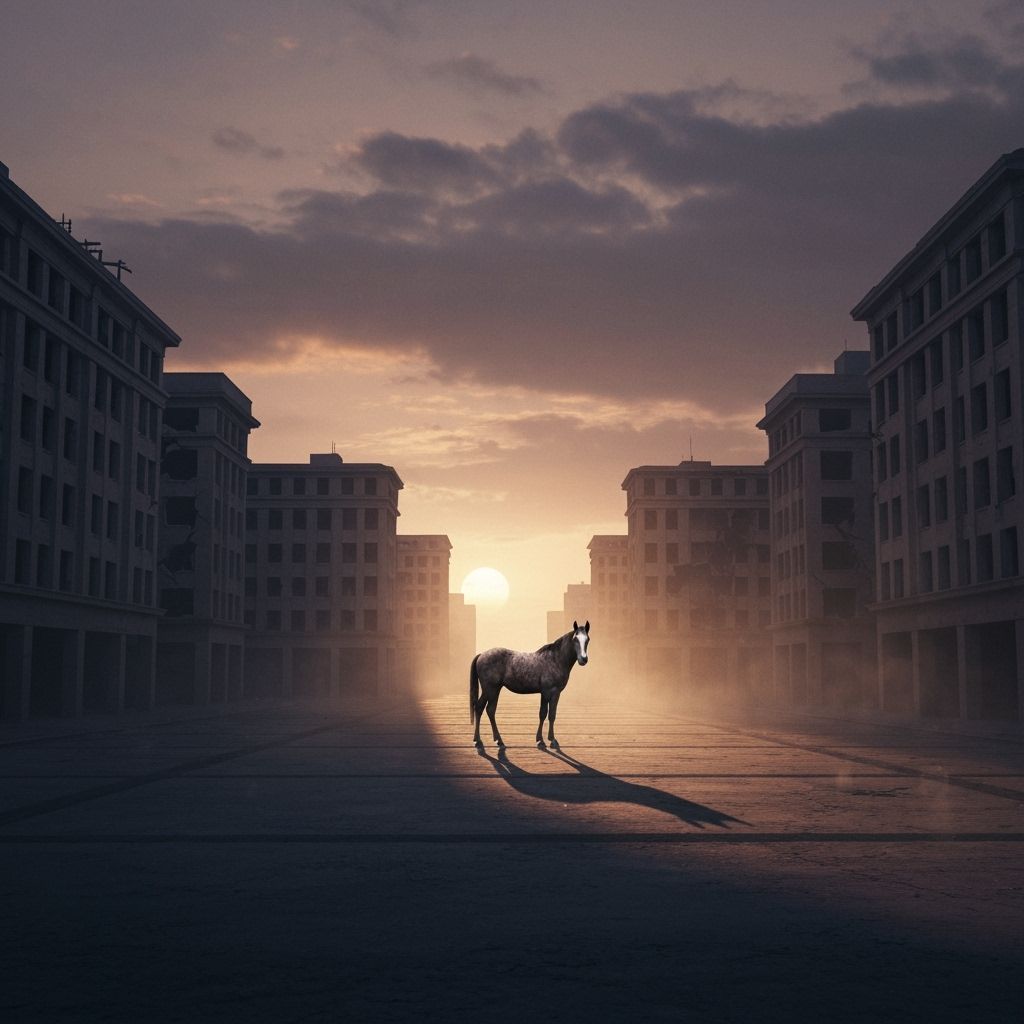 Lone Colt in Desolate City Square at Twilight