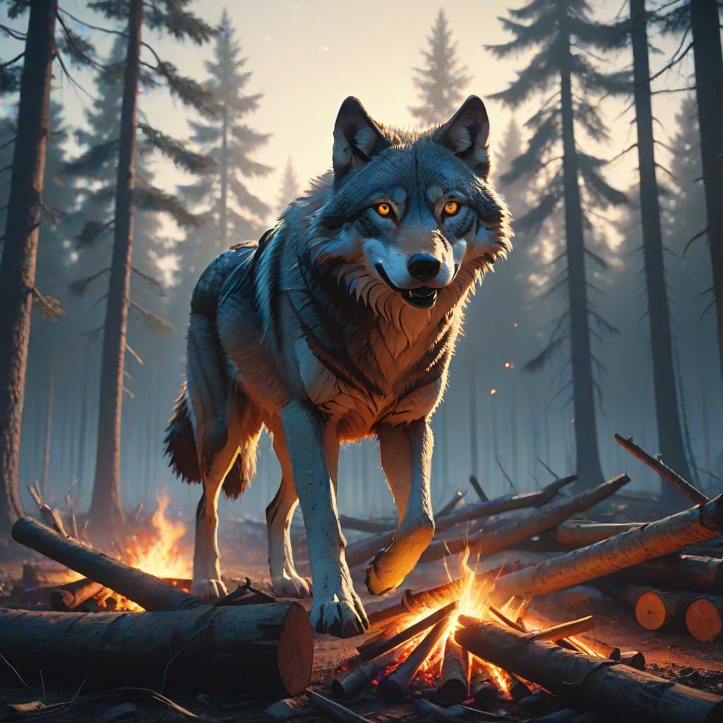 Wolf in Golden Moonlight, a Cinematic Scene