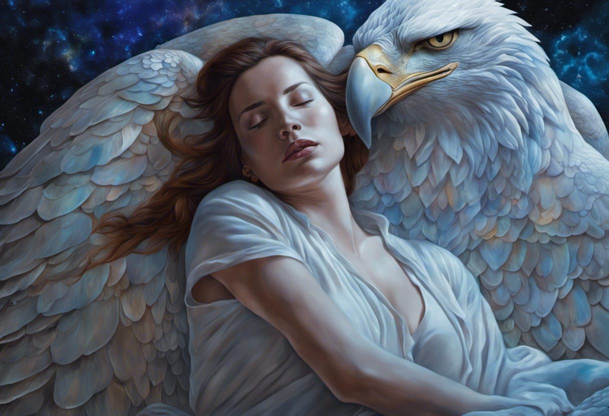 Giant Eagle Protects Sleeping Woman: Cosmic Illustration