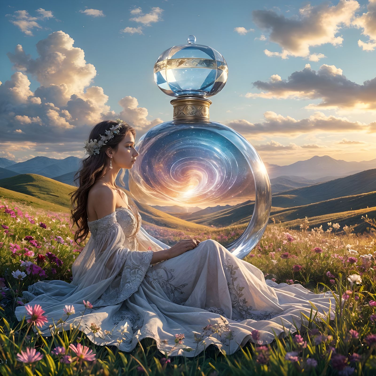 Ethereal Perfume Bottle World: Hyperrealistic Splash Art