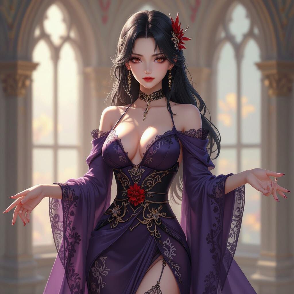 Anime Vampire Woman in Flowing, Detailed Clothing