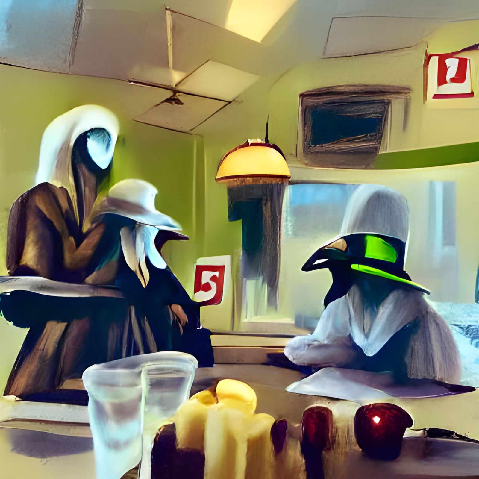 Plague Doctors Enjoying Pie, Edward Hopper Style