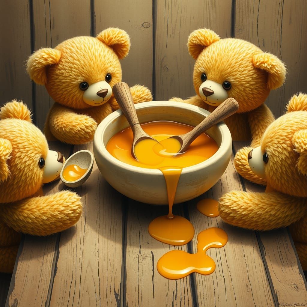 Teddy Bears' Honey Party in Folk Art Style