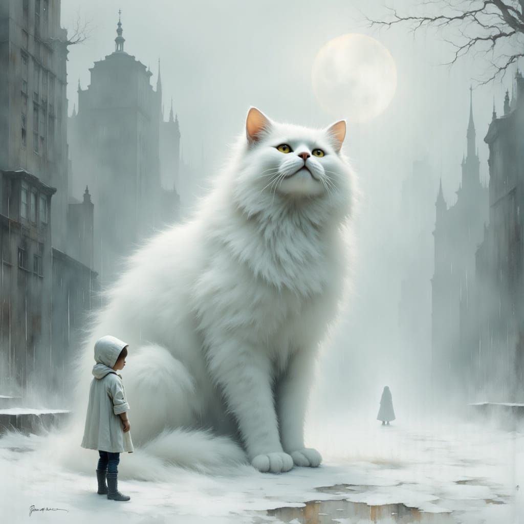 Solitary Child Meets Giant Cat in White Rainy City