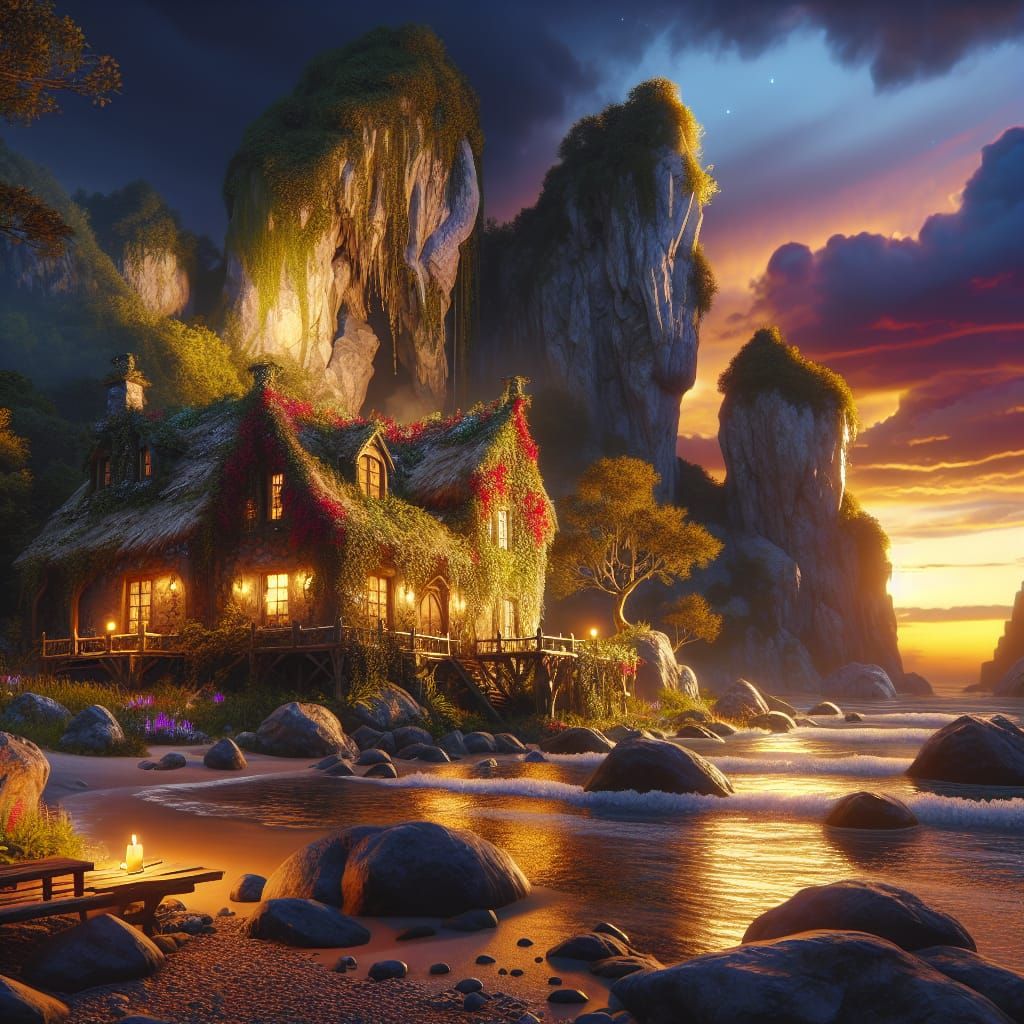 Luxurious Cabin at Rocky Beach-Front Park at Sunset