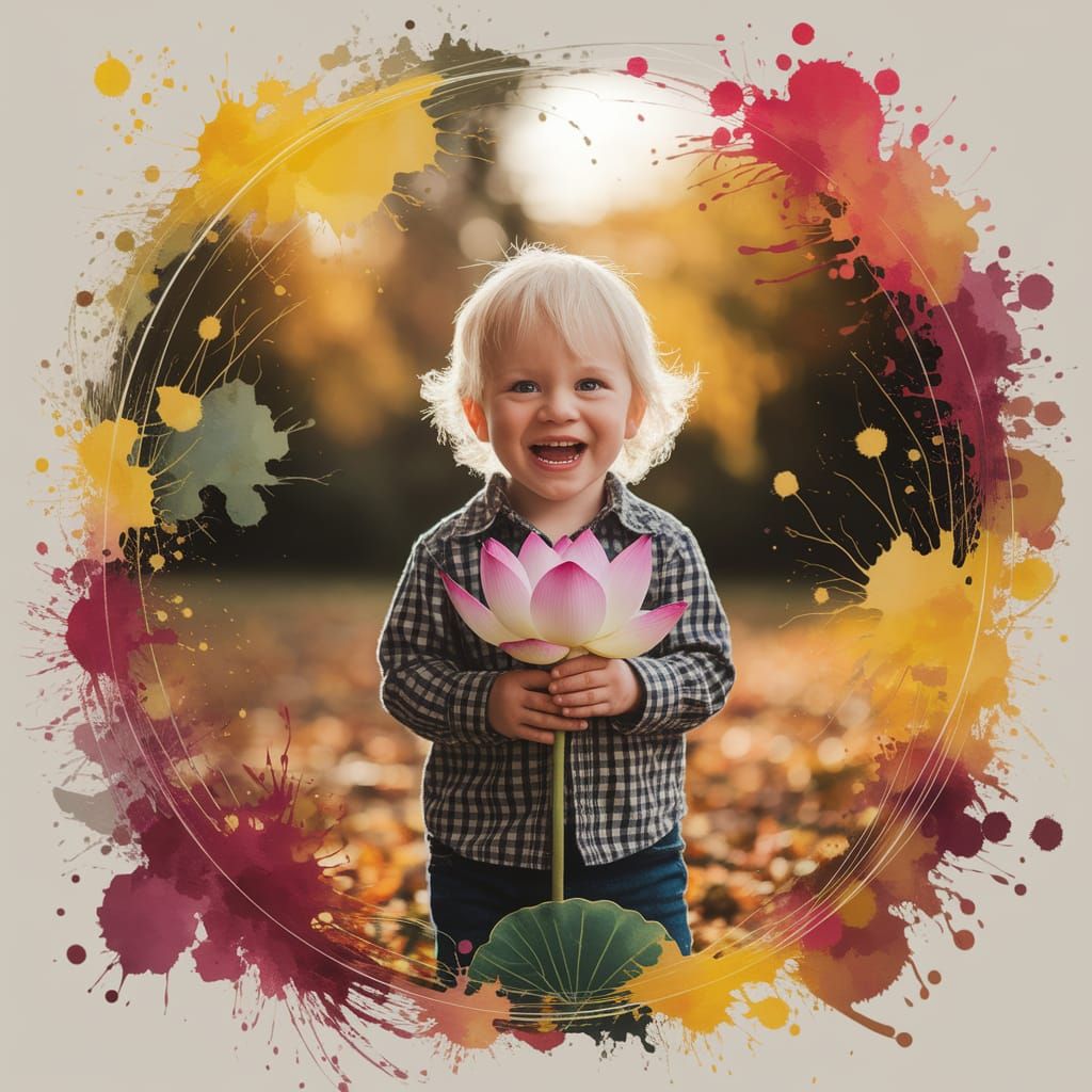 Joyful Boy with Lotus Flower in Watercolor Autumn Landscape