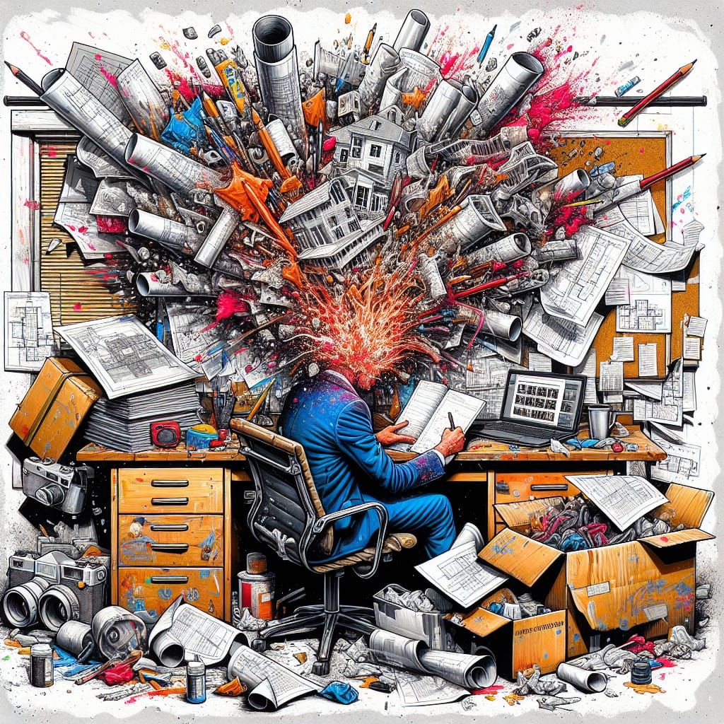 Overwhelmed Person Amidst Tasks in Street Art Style