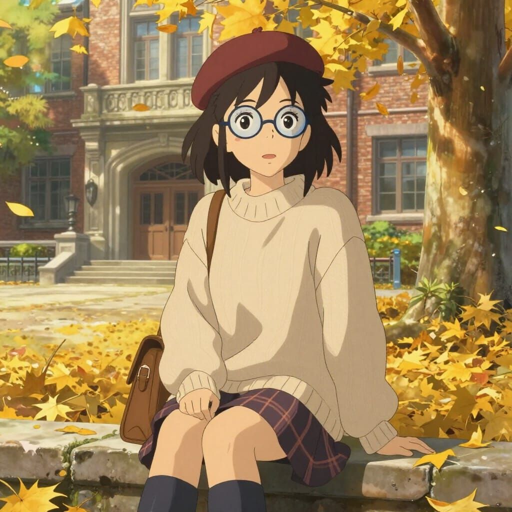 Anime Style Young Woman in Autumn University Courtyard