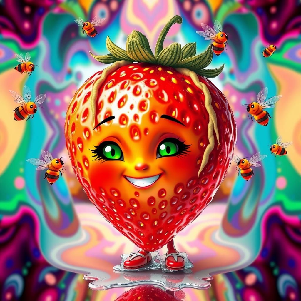 Anthropomorphic Strawberry in Vibrant Psychedelic Style