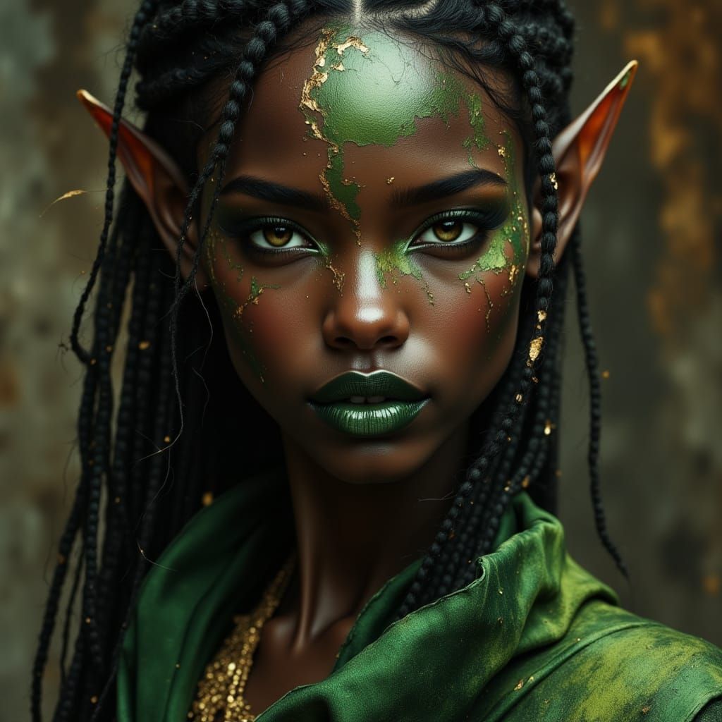 Elegant African Elven Goddess in Green Dress
