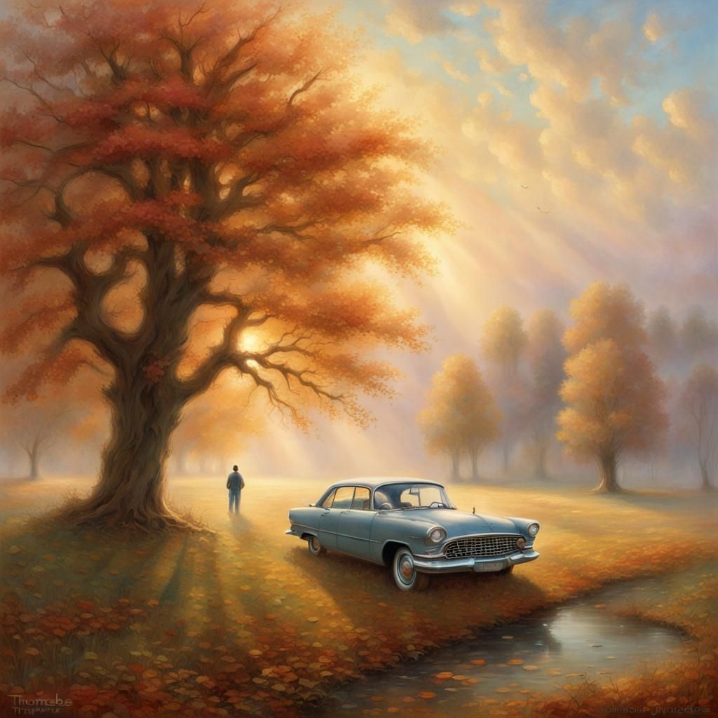 Ethereal Car Floats in Autumn Field: Kinkade Style