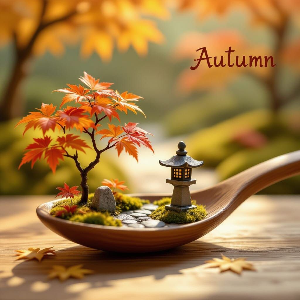 Miniature Japanese Autumn Scene in Spoon