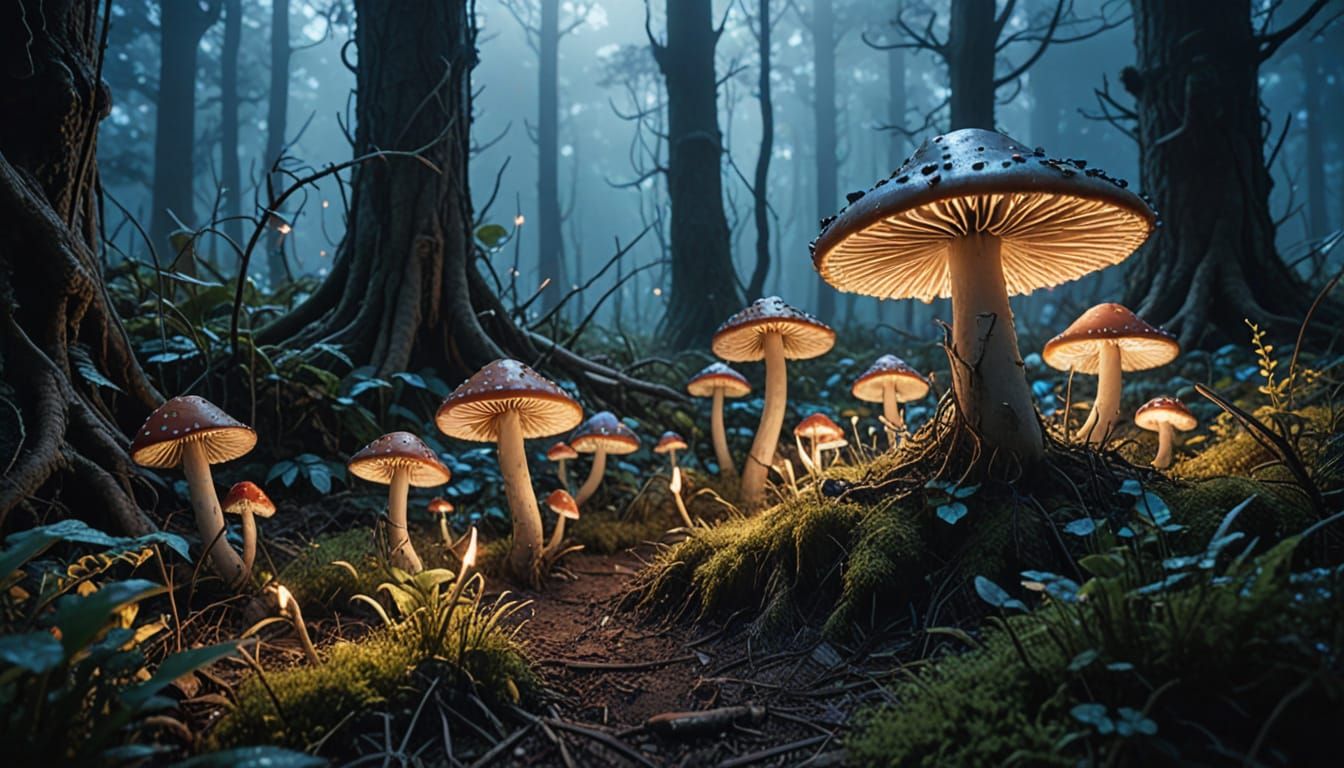 Enchanted Forest with Glowing Mushrooms: Fantasy Concept Art
