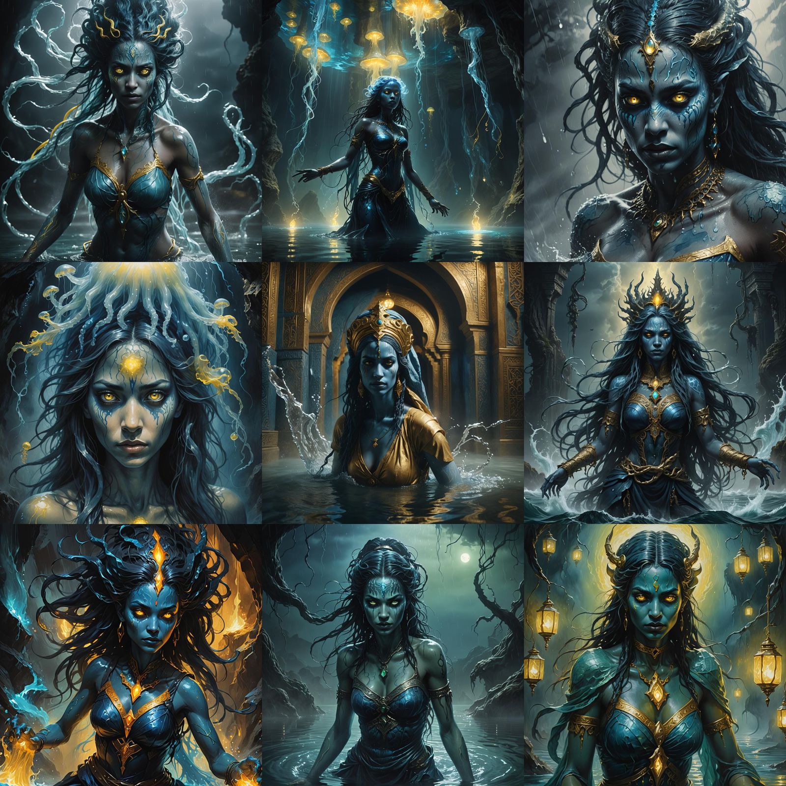 Sinister Female Water Djinn with Blue Skin