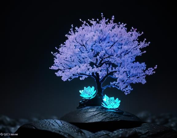Fluorescent Cherry Blossom Tree on Lava Rock