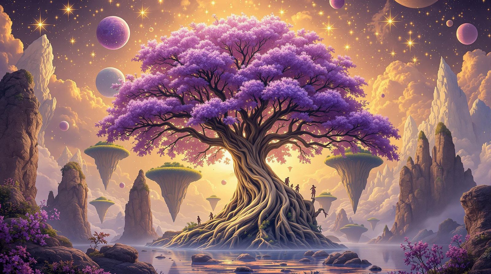 Surreal Purple Tree Among Floating Islands, Matte Painting