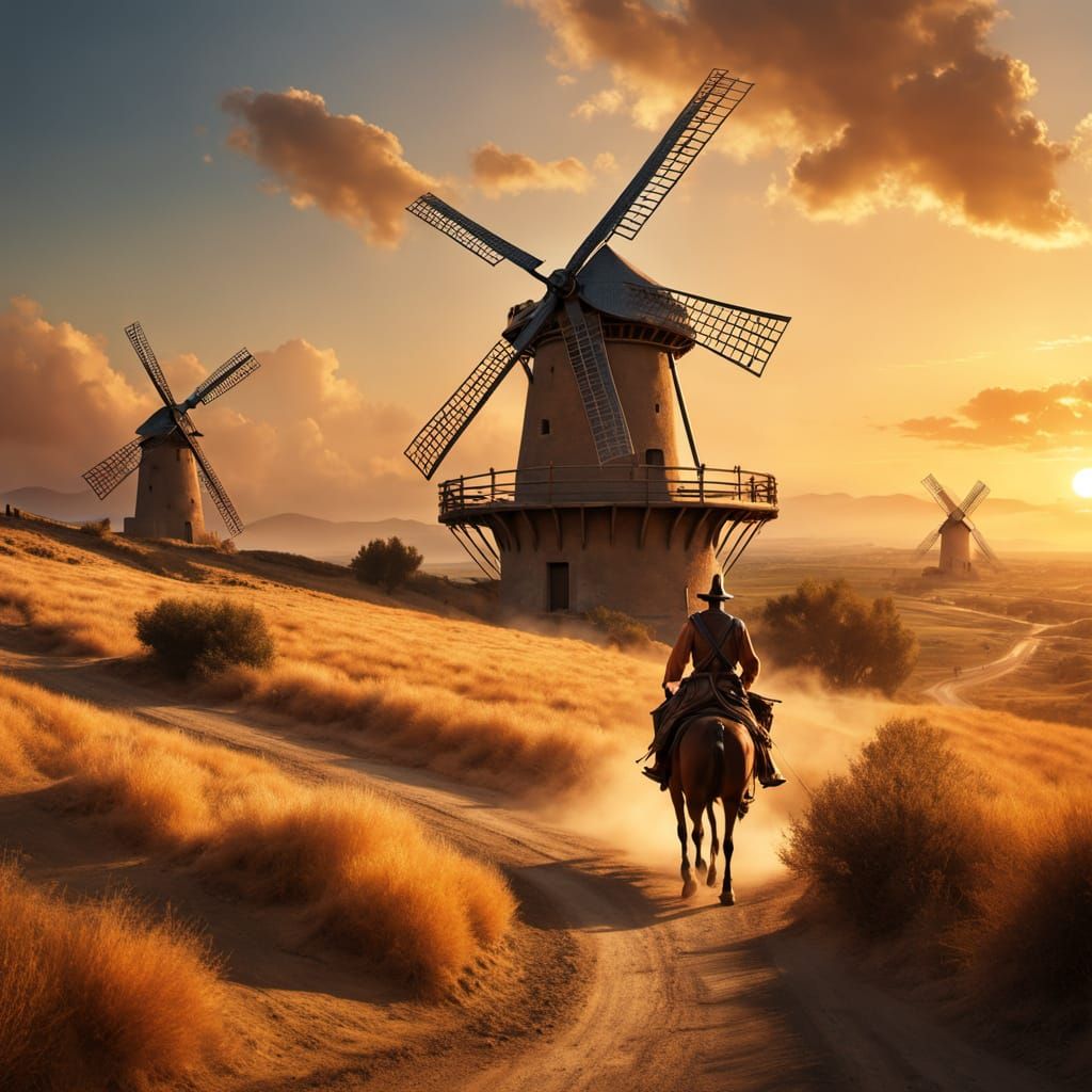 Don Quixote Attacks Windmill in Golden Hour Light