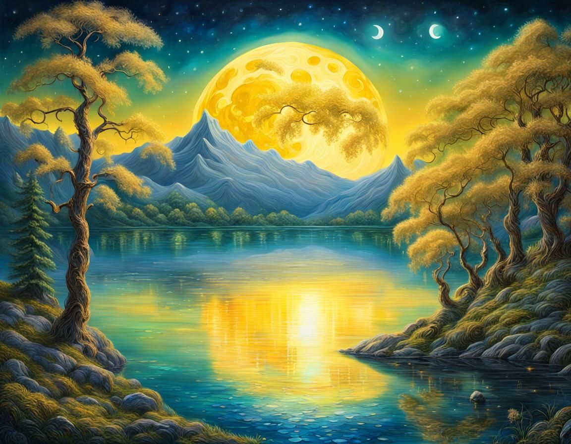Fantasy Moon Over Lake in Dreamy Landscape