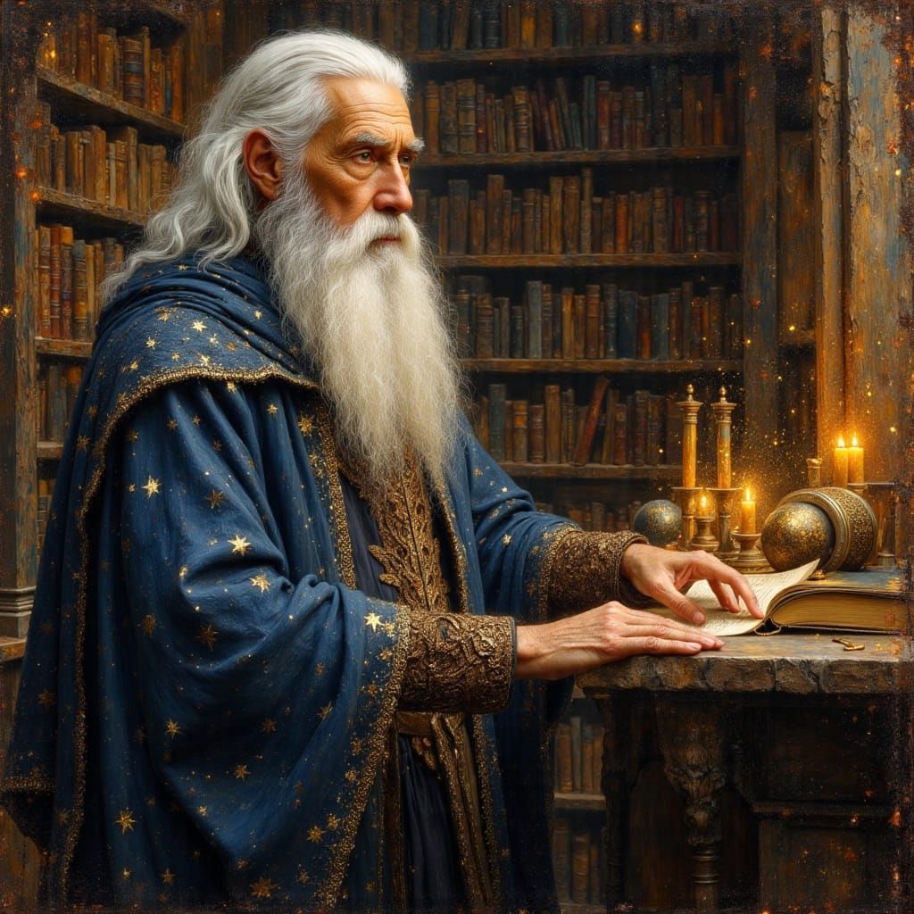 Wise Wizard in Grand Library as Oil Painting