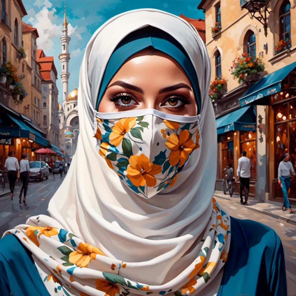 Masked Beauty in Hijab, Oil and Gouache Portrait