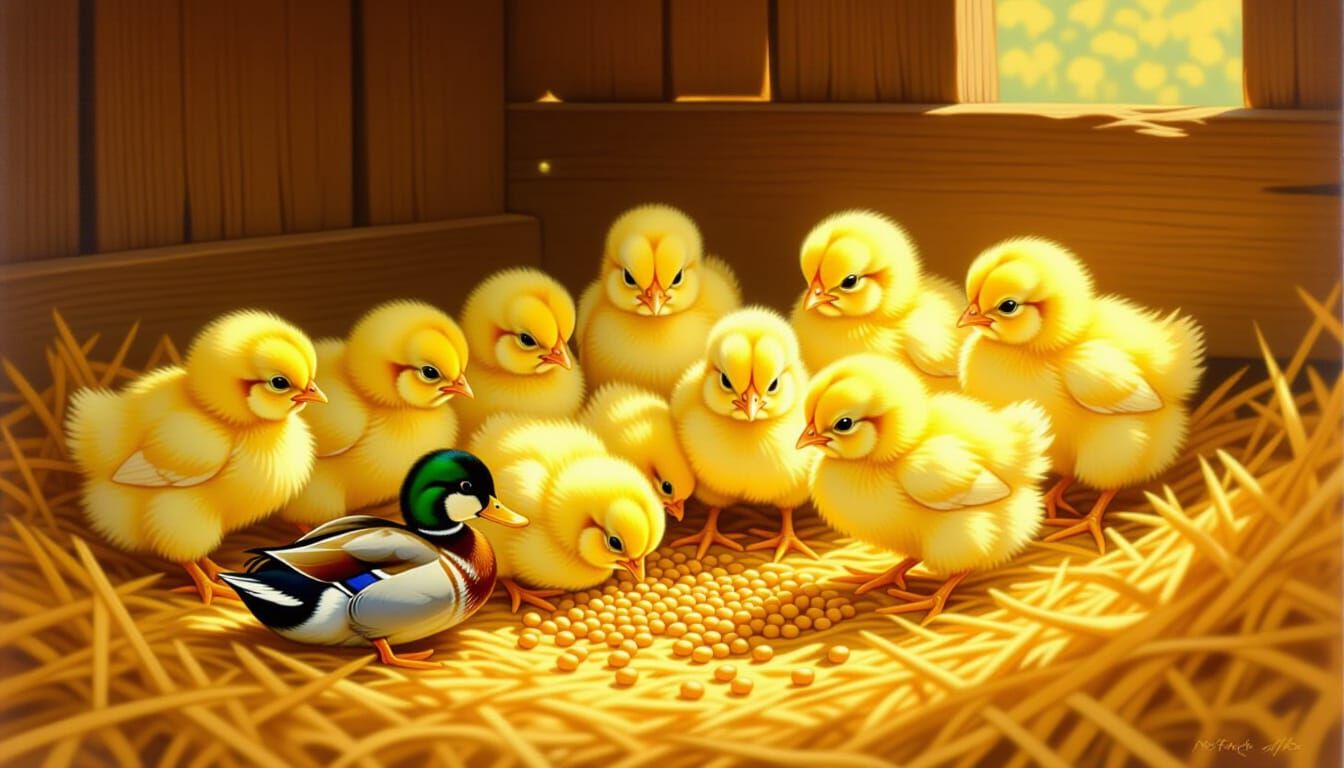 Baby Chicks and Duckling in Hay, Nostalgic Oil Painting