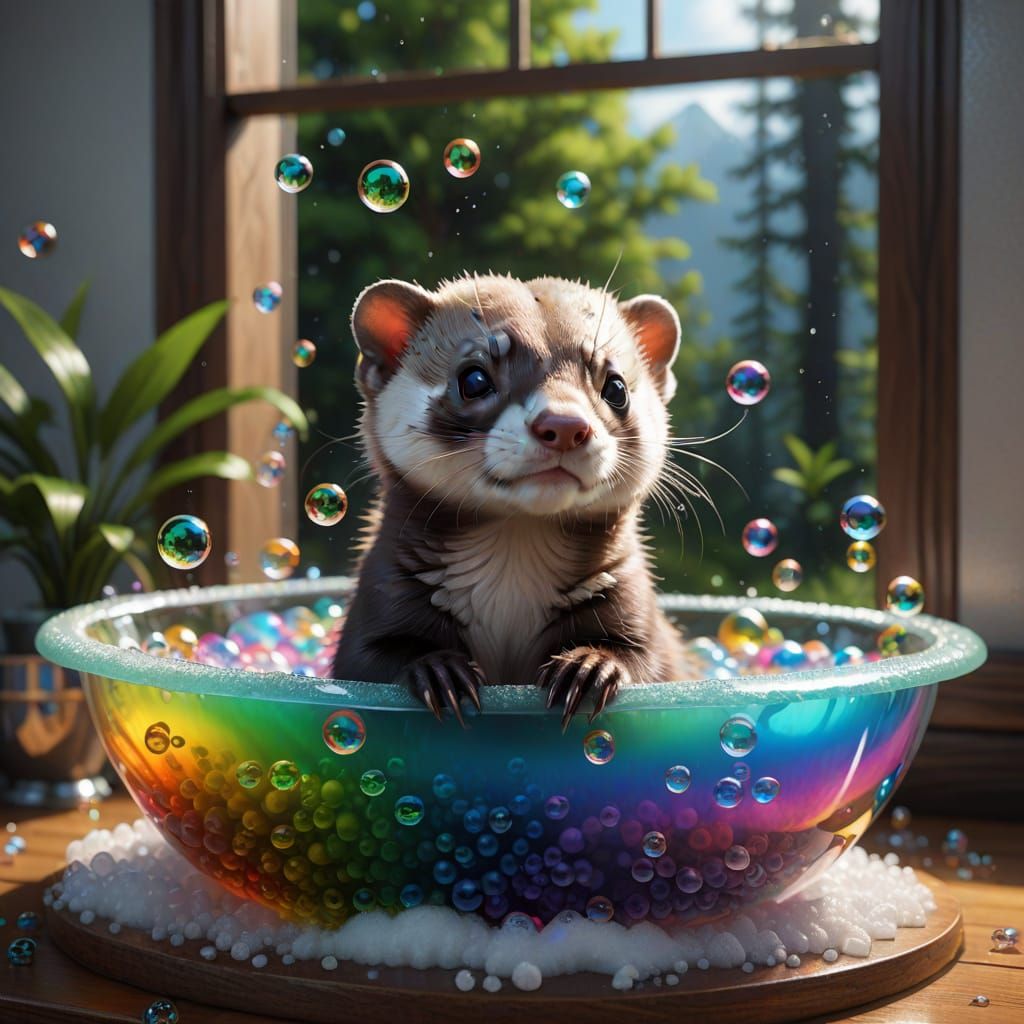 Ferret's Whimsical Bubble Bath: 3D Anime Art