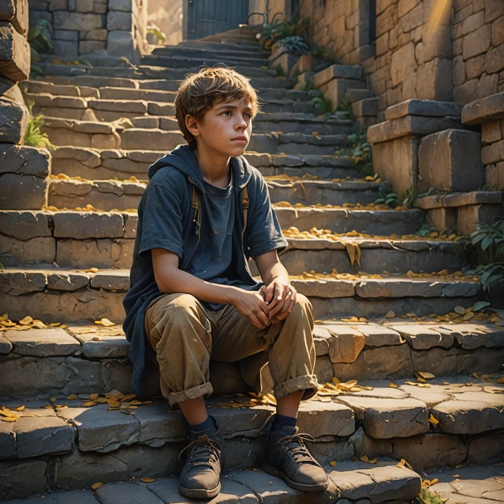 Emotional Boy Cries on Stone Steps: Watercolor Art