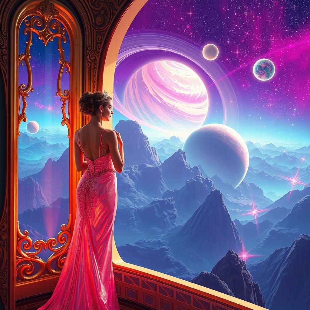 Ethereal Fantasy Woman in Futuristic Window