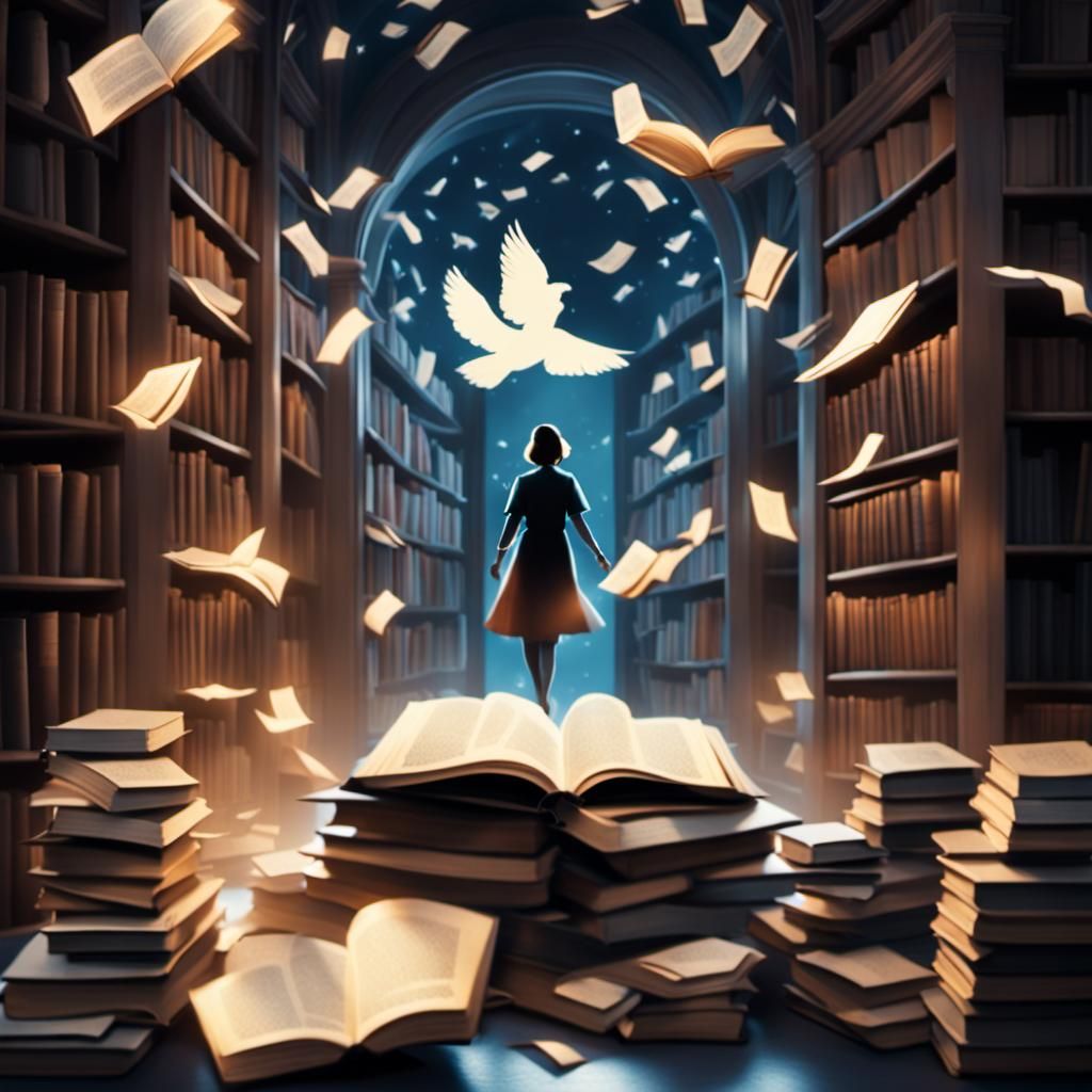 Ethereal Library, books scattered in the soft light, a silho...