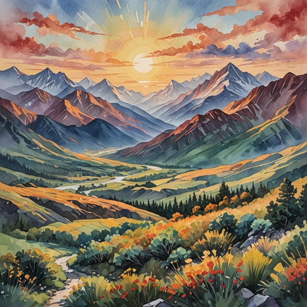 Epic Sunrise Over Mountains in Gouache Style