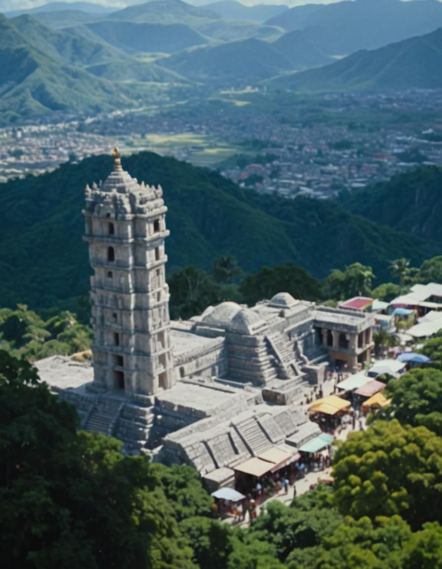 Vibrant Mayan Market with Temple, Golden Light