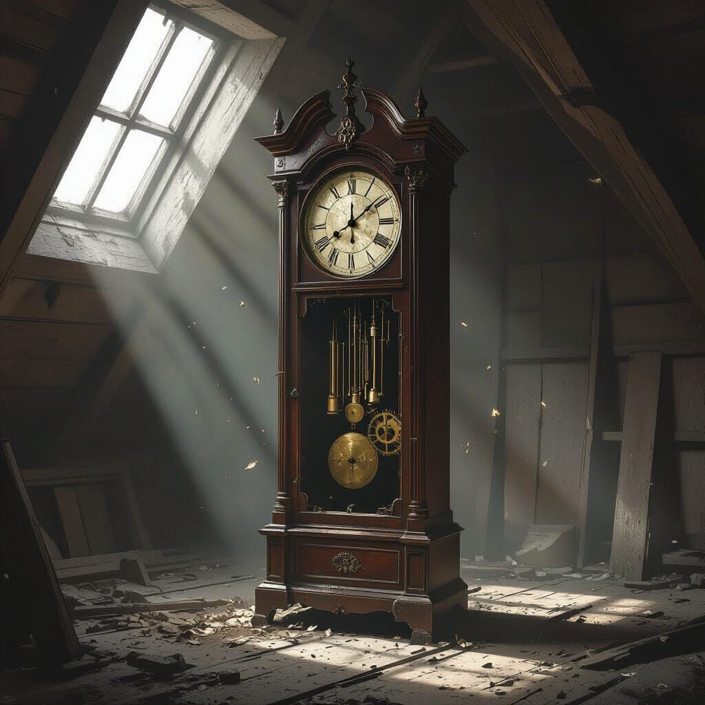 Ancient Grandfather Clock in Dusty Attic, Dark Concept Art